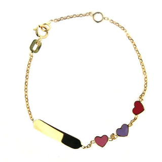 18K Gold Enamel Pink Fuchsia & Lilac Hearts ID Bracelet