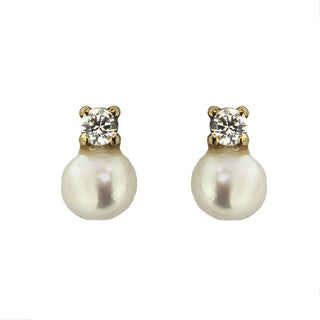 18K Solid Yellow Gold Pearl and Zirconia Screwback Earrings