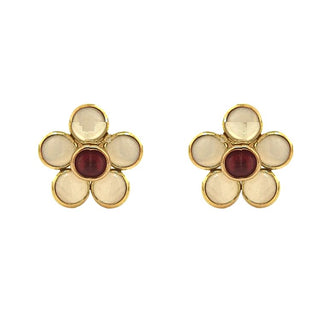 18k Solid Yellow Gold Moonstone and Ruby Cabouchon Center Flower post Earrings - Amalia J & Boutique