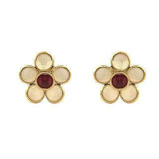 18k Solid Yellow Gold Moonstone and Ruby Cabouchon Center Flower post Earrings - Amalia J & Boutique