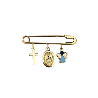 18K Yellow Gold Cross Medal and Blue Angel Safety Pin-Amalia Jewelry