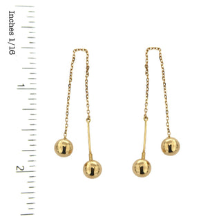 18K Solid Yellow Gold 6mm Polished Balls Thread Earrings with ruler