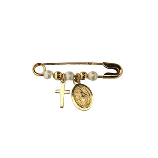 18k Solid Yellow Gold Miraculous Medal and Cross Safety Pin