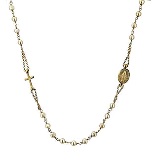 18K Solid Yellow Gold 3mm Cultivated Pearls Medal and Cross Necklace - Amalia FJ & Boutique