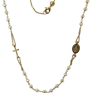 18K Solid Yellow Gold 3mm Cultivated Pearls Medal and Cross Necklace - Amalia FJ & Boutique