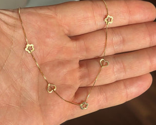18K Yellow Gold Open Hearts and Flowers Box Chain Necklace