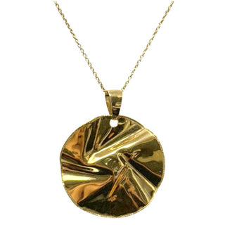 18K Solid Yellow Gold Circular Modern Polished Pendant showing with chain