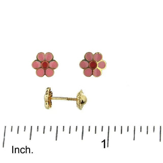 18K Solid Yellow Gold Pink and Red Center Enamel Flower Covered Screwback Earrings , Amalia Jewelry