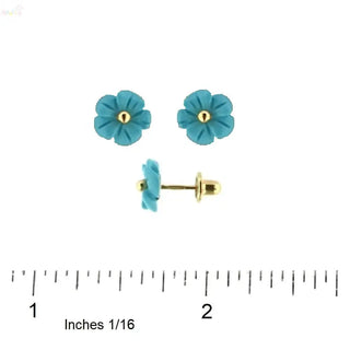 18K Yellow Gold Turquoise Flower Covered Screwback Earrings