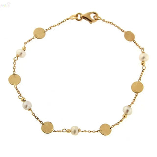 18K Solid Yellow Gold Pearls and Polished Circles Bracelet