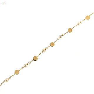 18K Solid Yellow Gold Pearls and Polished Circles Bracelet