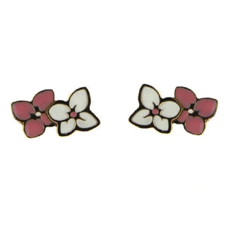 18K Solid Yellow Gold Pink and White Enamel Flowers Stud Post Earrings , Amalia Jewelry
