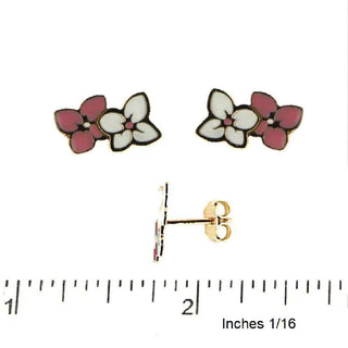 18K Solid Yellow Gold Pink and White Enamel Flowers Stud Post Earrings , Amalia Jewelry