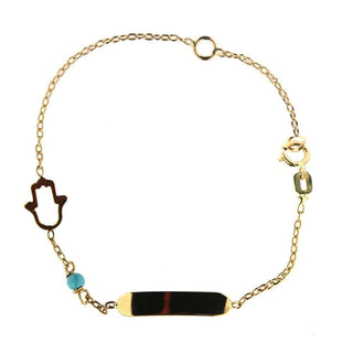 18K Solid Yellow Gold Hamsa and Turquoise Bead ID Bracelet 