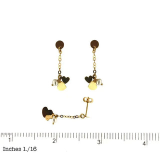Aretes colgantes de oro amarillo de 18 k con corazón pulido doble y perlas cultivadas de 3,50 mm, 1 pulgada de largo