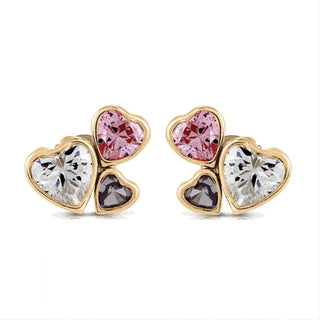 18k Solid Yellow Gold Pink White and Blue Zirconia Heart shapes Covered Screwback Earrings , Amalia Jewelry