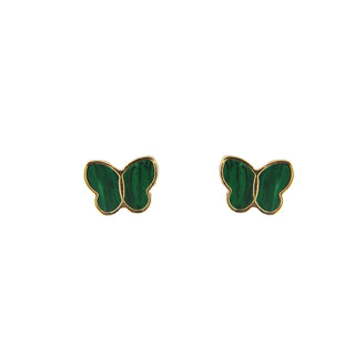 18K Solid Yellow Gold Malachite Tiny Butterfly Post Earrings , Amalia Jewelry