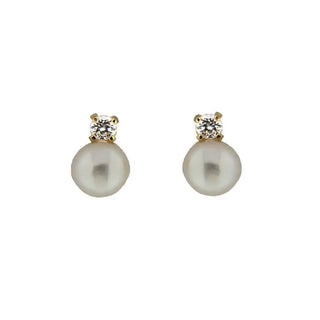 18K Solid Yellow Gold DIamond and Cultivated Pearl Covered screw back Earring 4mm , Amalia Jewelry