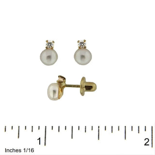 18K Solid Yellow Gold DIamond and Cultivated Pearl Covered screw back Earring 4mm , Amalia Jewelry
