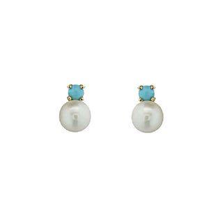 18K Solid Yellow Gold Pearl and Turquoise Covered screwback Earrings Amalia Jewelry