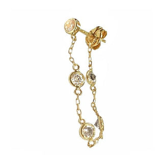 18K Solid Yellow Gold Zirconia Bezel Stud post earring with dangling zirconia chain. , Amalia Jewelry