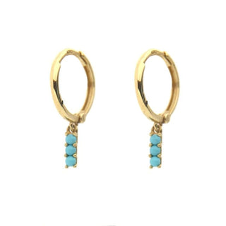 18K Solid Yellow Gold Dangle three turquoise beads Hugie Hoop Earrings Amalia Jewelry