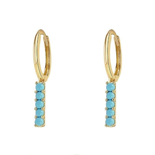 18K Solid Yellow Gold Dangle Turquoise Beads Bar Huggie Earrings, , Amalia Jewelry