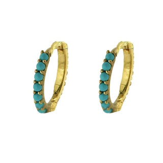 18K Solid Yellow Gold Turquoise Hinge Huggie Hoop Earrings , Amalia Jewelry