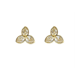 18K Solid Yellow Gold Small Zirconia Three Leaf Flower covered Screwback Earrings Amalia Jewelry