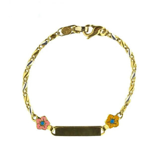 18K Solid Yellow and White Gold Pink and Yellow Enamel Flower ID Bracelet - Amalia J & Boutique