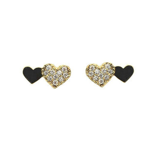 18K Solid Yellow Gold Polished and Zirconia Pave Hearts Covered Screwback Earrings. , Amalia Jewelry