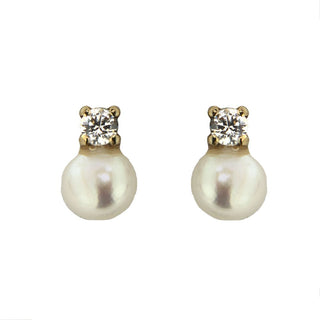 18K Solid Yellow Gold Pearl and Zirconia Screwback Earrings