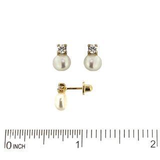 18K Solid Yellow Gold Pearl and Zirconia Screwback Earrings with ruler