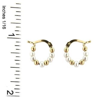 18K Solid Yellow Gold Pearls and Gold beads Hoop Earrings