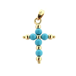 18K Solid Yellow Gold Turquoise and Gold Beads Cross Pendant