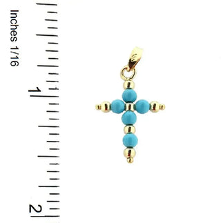 18K Solid Yellow Gold Turquoise and Gold Beads Cross Pendant