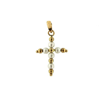 18K Solid Yellow Gold Pearl and Gold Beads Cross Pendant 