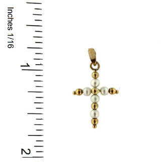 18K Solid Yellow Gold Pearl and Gold Beads Cross Pendant 