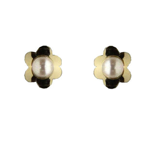 18k Solid Yellow Gold 3mm Cultivated Pearl Polished Flower Covered Screw back Earrings Amalia Jewelry