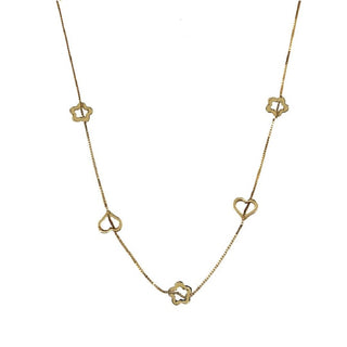 18K Yellow Gold Open Hearts and Flowers Box Chain Necklace