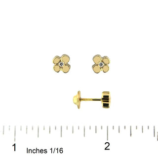 18K Solid Yellow Gold Clover Zirconia Screwback Earrings with ruler