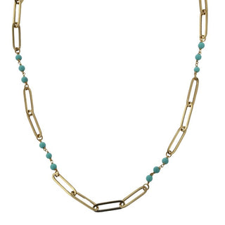 18K Solid Yellow Gold Turquoise and Paperclip Link Necklace