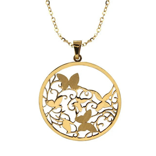  18K Solid Yellow Gold Circular Butterfly Medallion Pendant with a chain