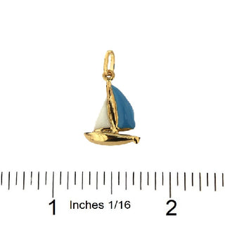 18k Solid Yellow Gold Blue and White Enamel Sailing Boat Pendant , Amalia Jewelry