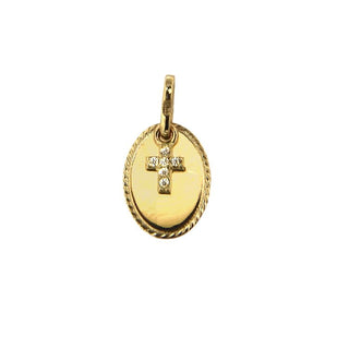 18K Solid Yellow Gold Oval Plate with mini Zirconia Cross pendant , Amalia Jewelry