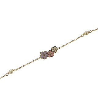 18K Solid Yellow Gold Lilac Pink and White Enamel Flowers and Pearls Bracelet , Amalia Jewelry