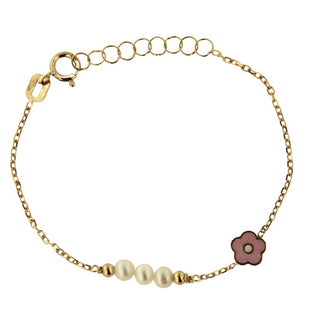 18K Solid Yellow Gold Cultivated Pearls and Pink & White Enamel Flower Bracelet , Amalia Jewelry
