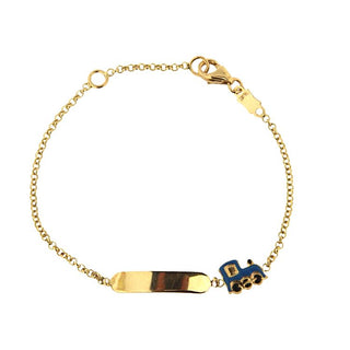 18k Solid Yellow Gold Blue enamel Train Id Bracelet , Amalia Jewelry