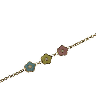 18K Solid Yellow Gold Pink, Blue, and Yellow Enamel Center Flowers Bracelet , Amalia Jewelry