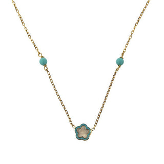 18K Solid Gold Mother of Pearl Flower and Turquoise beads Necklace , Amalia Jewelry